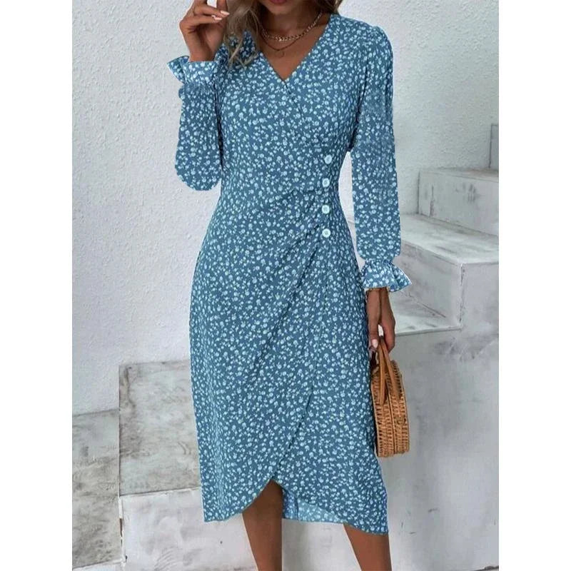 Abito Estivo Donna Elegante a Fiori con Pieghe, Scollo V e Bottoni
