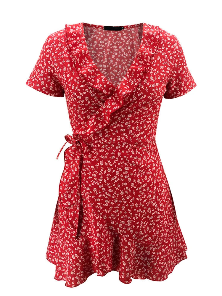 Vestito corto donna floreale elegante, scollo a V, balze, stile chic