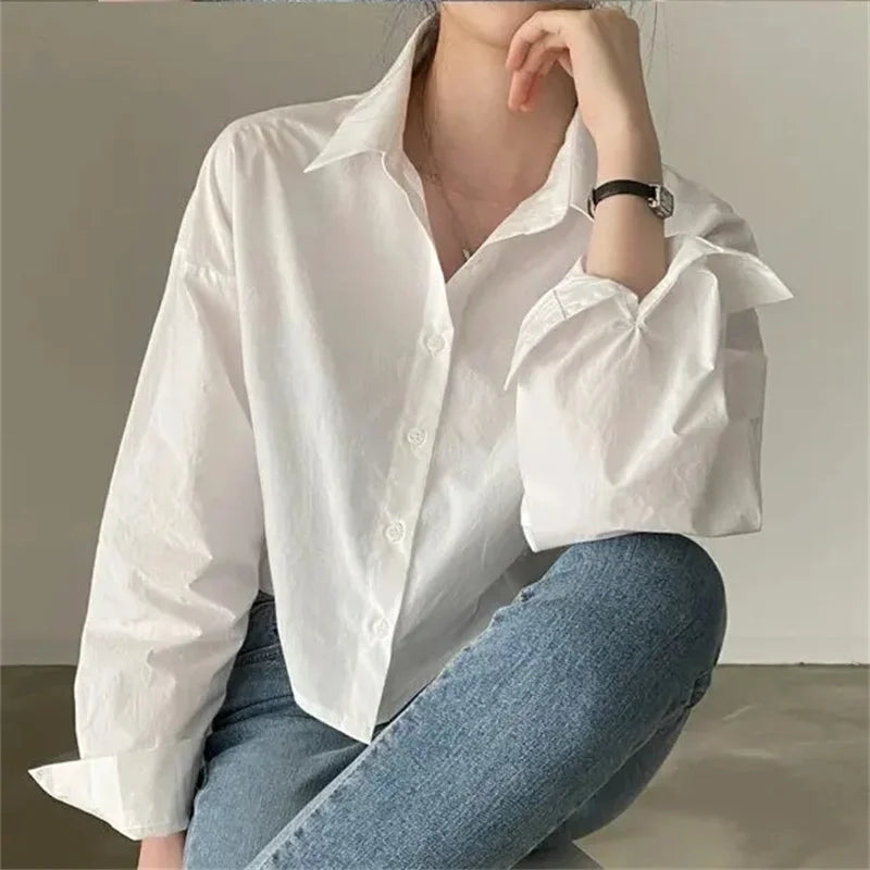 Camicia Donna Bianca Primaverile Coreana Manica Lunga Casual Elegante