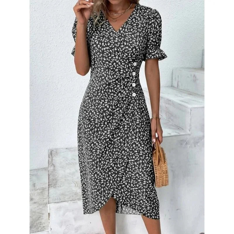 Abito Estivo Donna Elegante a Fiori con Pieghe, Scollo V e Bottoni