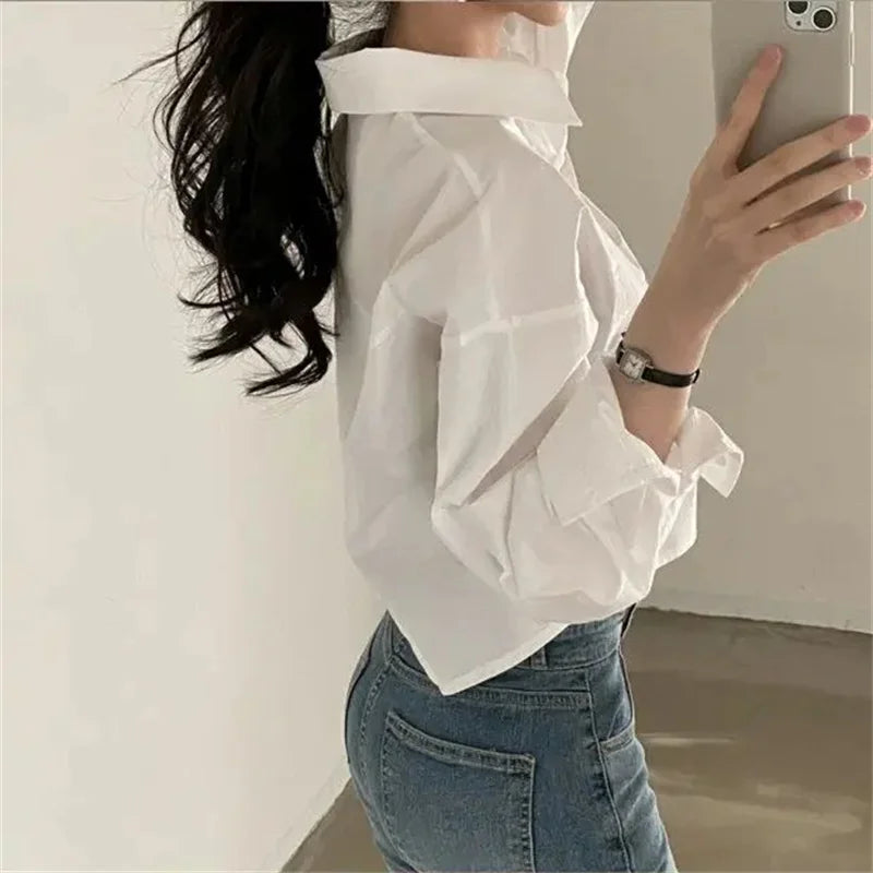 Camicia Donna Bianca Primaverile Coreana Manica Lunga Casual Elegante