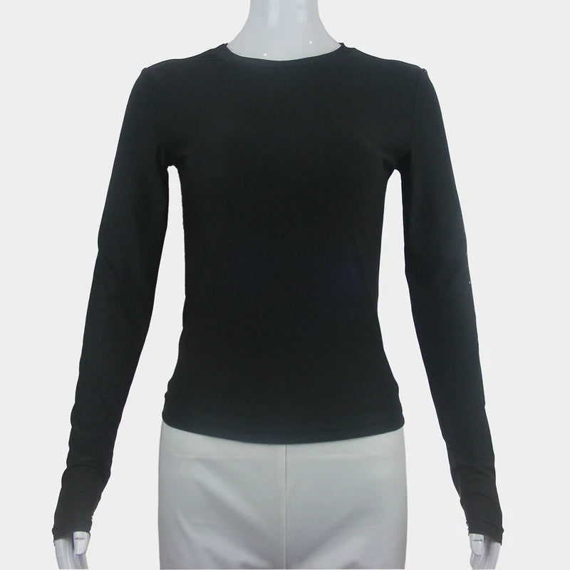 T-shirt Donna Aderente Manica Lunga Girocollo Maglia Slim Streetwear