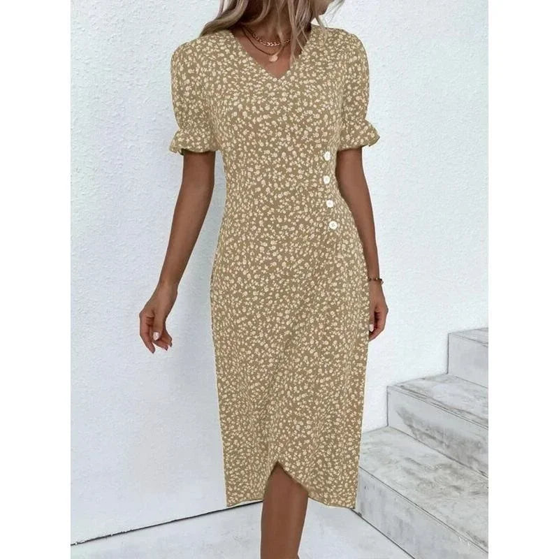 Abito Estivo Donna Elegante a Fiori con Pieghe, Scollo V e Bottoni