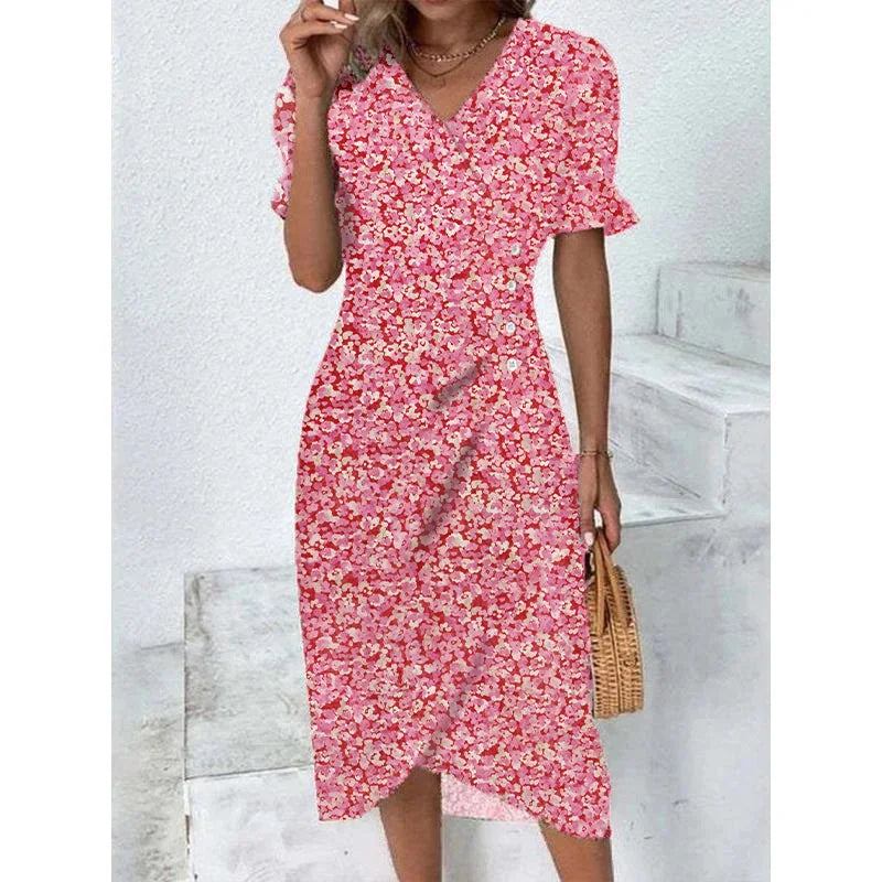 Abito Estivo Donna Elegante a Fiori con Pieghe, Scollo V e Bottoni