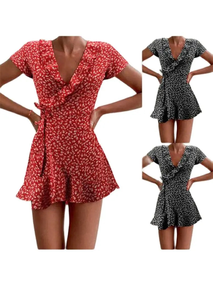 Vestito corto donna floreale elegante, scollo a V, balze, stile chic