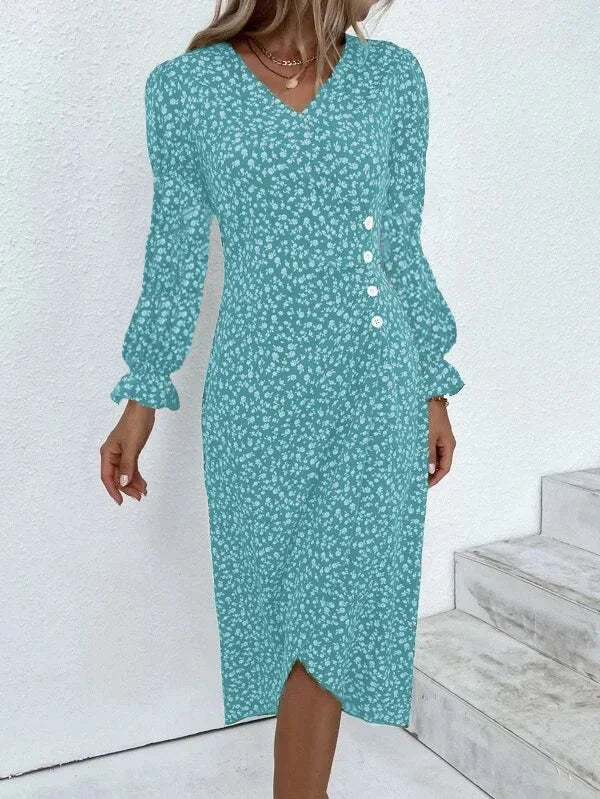 Abito Estivo Donna Elegante a Fiori con Pieghe, Scollo V e Bottoni
