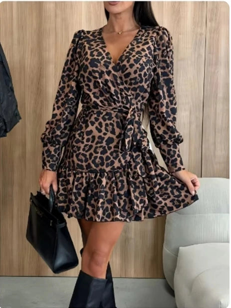 Vestito Mini Donna Leopardato Scollo V Elegante Sexy Manica Lunga