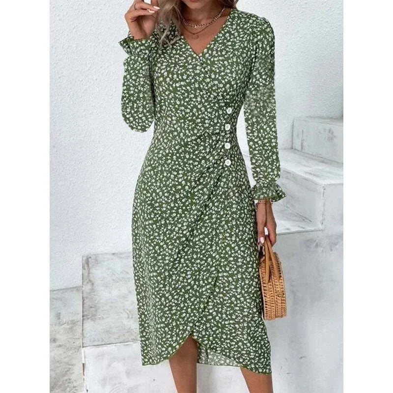 Abito Estivo Donna Elegante a Fiori con Pieghe, Scollo V e Bottoni