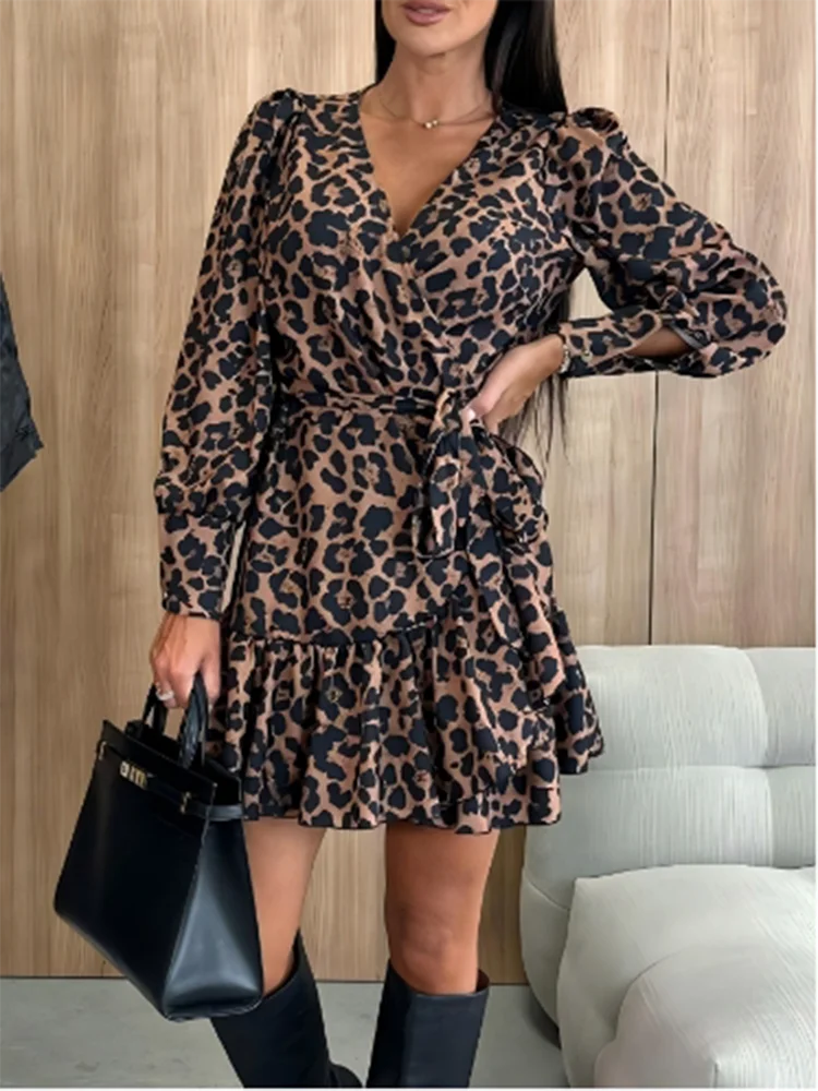 Vestito Mini Donna Leopardato Scollo V Elegante Sexy Manica Lunga