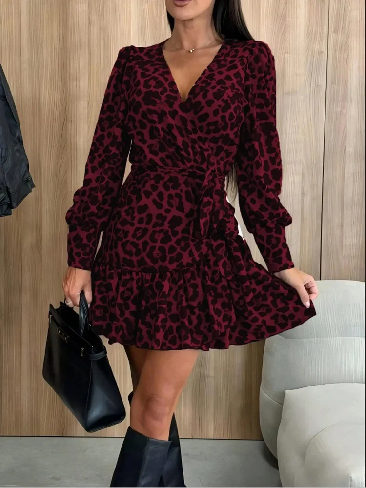 Vestito Mini Donna Leopardato Scollo V Elegante Sexy Manica Lunga