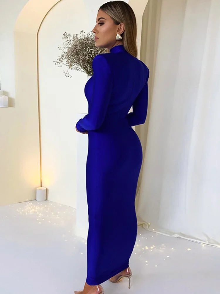 Abito Lungo Verde Donna Elegante Bodycon con Spalline, Manica Lunga