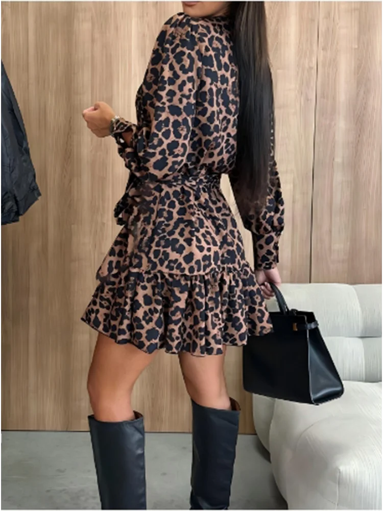 Vestito Mini Donna Leopardato Scollo V Elegante Sexy Manica Lunga