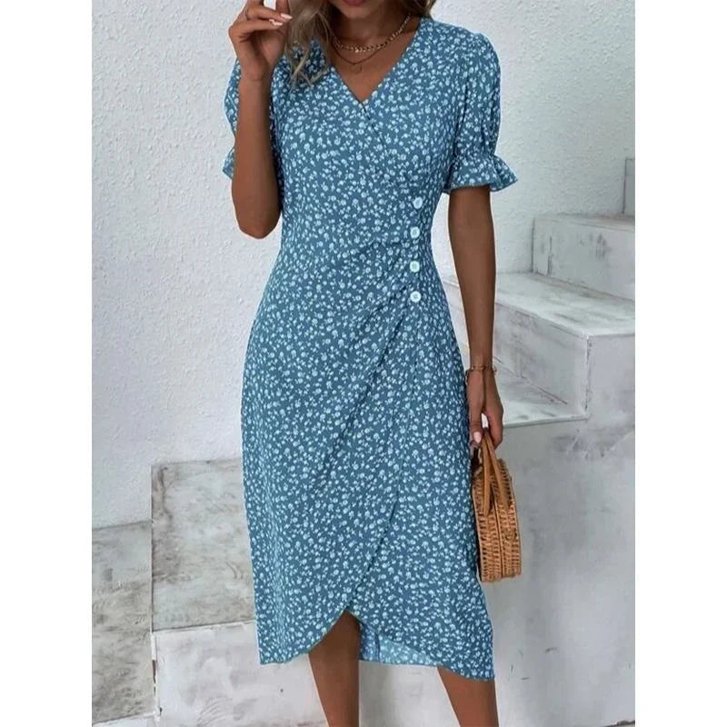 Abito Estivo Donna Elegante a Fiori con Pieghe, Scollo V e Bottoni