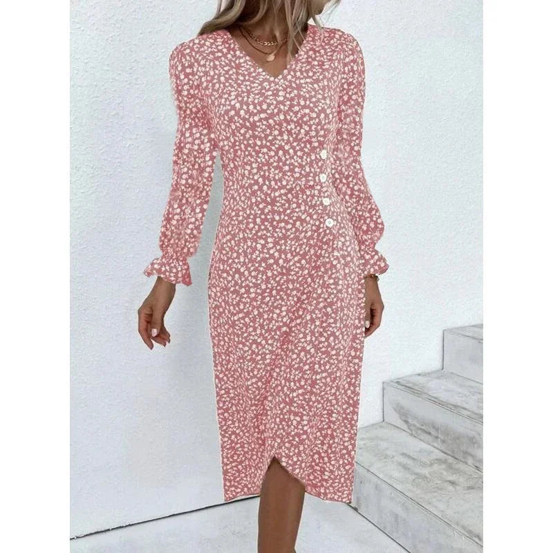Abito Estivo Donna Elegante a Fiori con Pieghe, Scollo V e Bottoni