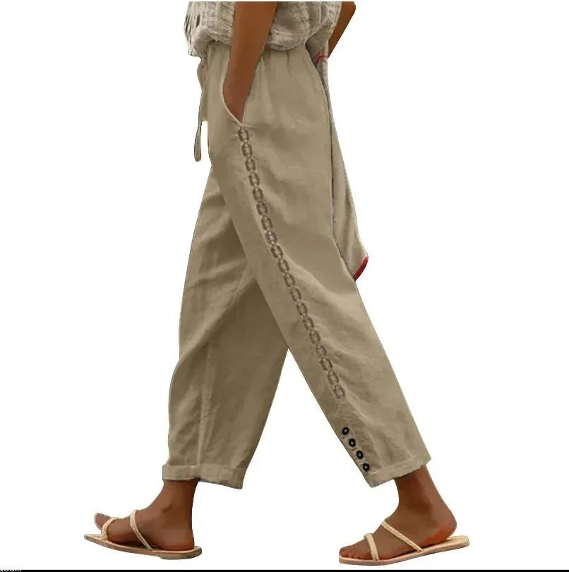 Pantaloni Estivi Eleganti Donna Loose con Vita Elastica per Streetwear