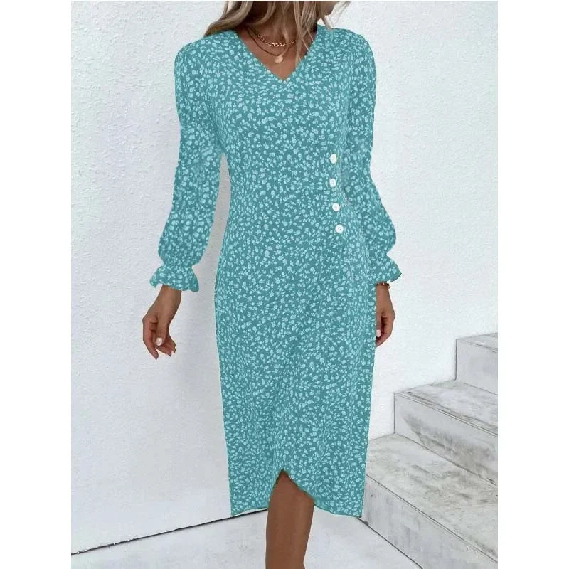 Abito Estivo Donna Elegante a Fiori con Pieghe, Scollo V e Bottoni