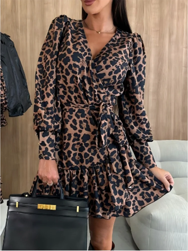 Vestito Mini Donna Leopardato Scollo V Elegante Sexy Manica Lunga