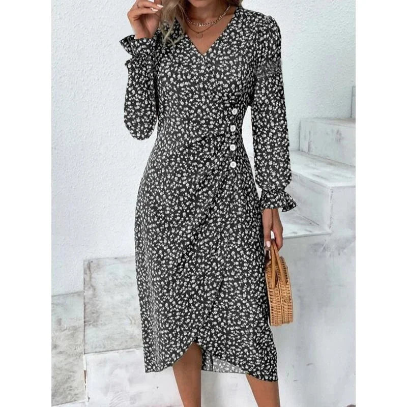 Abito Estivo Donna Elegante a Fiori con Pieghe, Scollo V e Bottoni