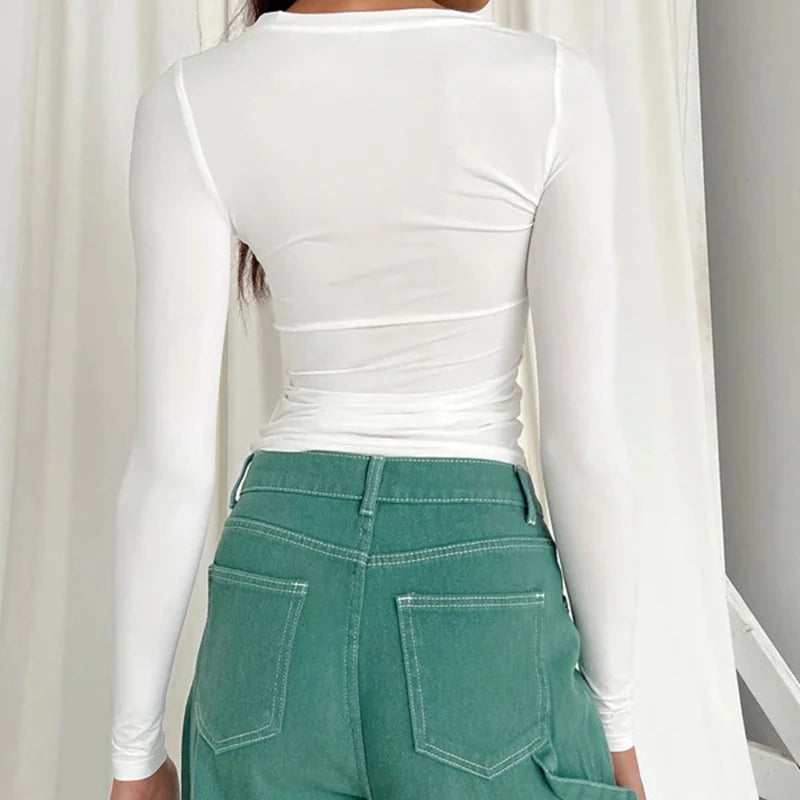 T-shirt Donna Aderente Manica Lunga Girocollo Maglia Slim Streetwear