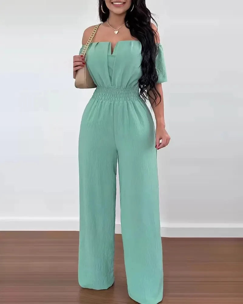 Tuta Donna Estiva Larga Stampata Elegante Spalle Scoperte Vita Alta Moda