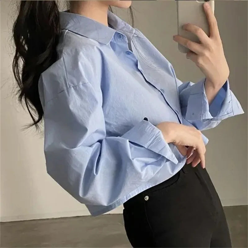 Camicia Donna Bianca Primaverile Coreana Manica Lunga Casual Elegante