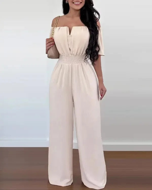 Tuta Donna Estiva Larga Stampata Elegante Spalle Scoperte Vita Alta Moda