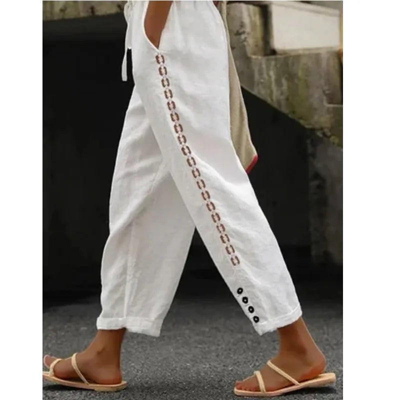 Pantaloni Estivi Eleganti Donna Loose con Vita Elastica per Streetwear