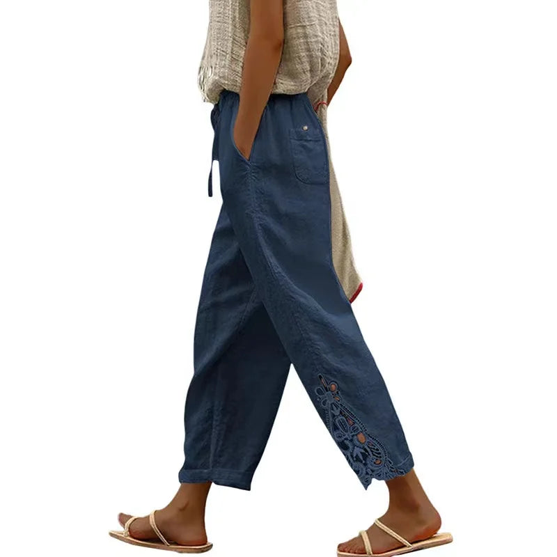 Pantaloni Estivi Eleganti Donna Loose con Vita Elastica per Streetwear
