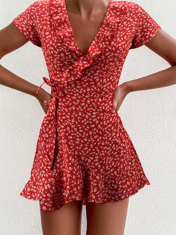 Vestito corto donna floreale elegante, scollo a V, balze, stile chic