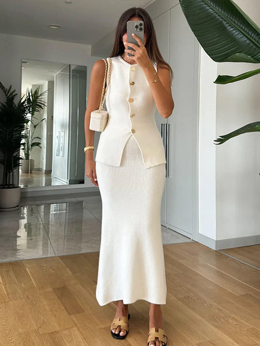 Set Abito Lungo Donna con Gilet in Maglia, Elegante e Casual a Sirena