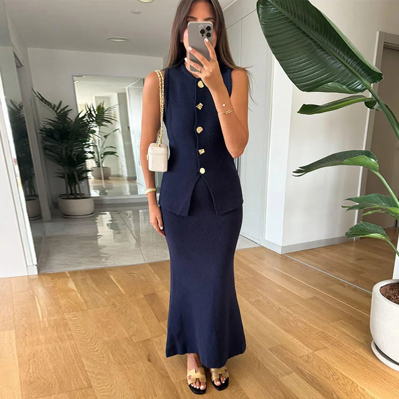 Set Abito Lungo Donna con Gilet in Maglia, Elegante e Casual a Sirena