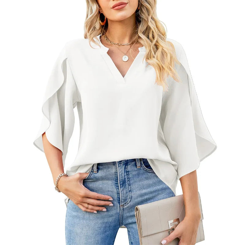 Blusa Donna Estiva Chiffon Elegante Manica Corta Svasata V-Collo Casual