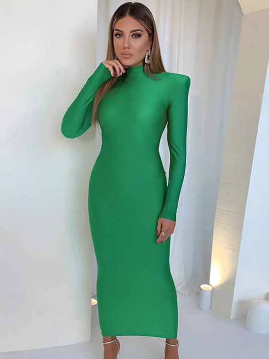 Abito Lungo Verde Donna Elegante Bodycon con Spalline, Manica Lunga