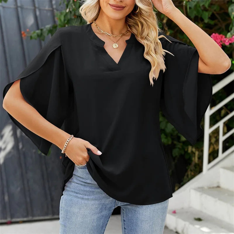 Blusa Donna Estiva Chiffon Elegante Manica Corta Svasata V-Collo Casual