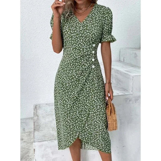 Abito Estivo Donna Elegante a Fiori con Pieghe, Scollo V e Bottoni