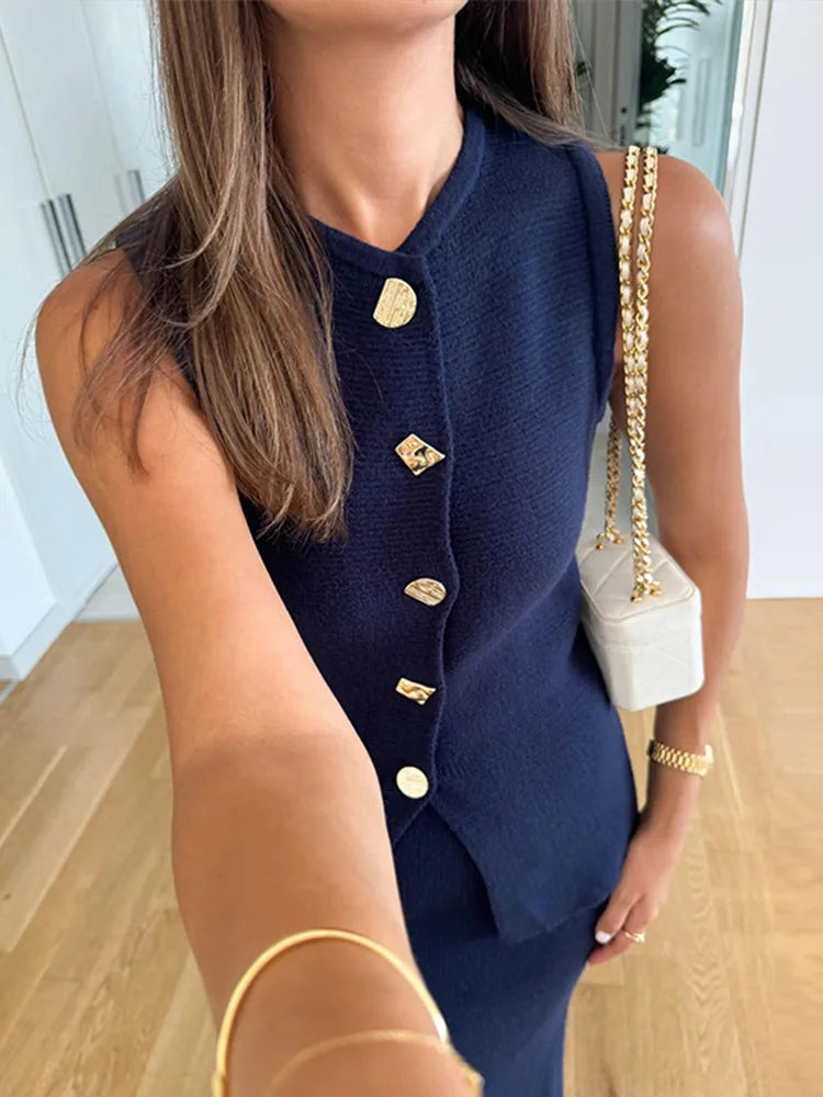 Set Abito Lungo Donna con Gilet in Maglia, Elegante e Casual a Sirena