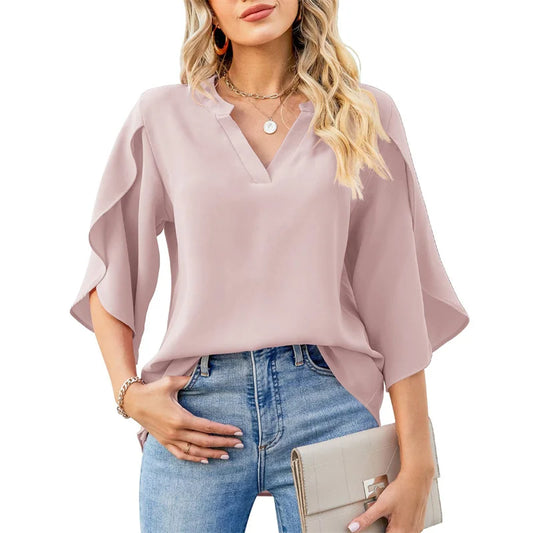 Blusa Donna Estiva Chiffon Elegante Manica Corta Svasata V-Collo Casual