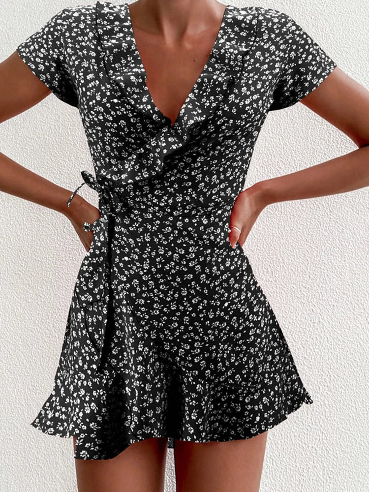 Vestito corto donna floreale elegante, scollo a V, balze, stile chic