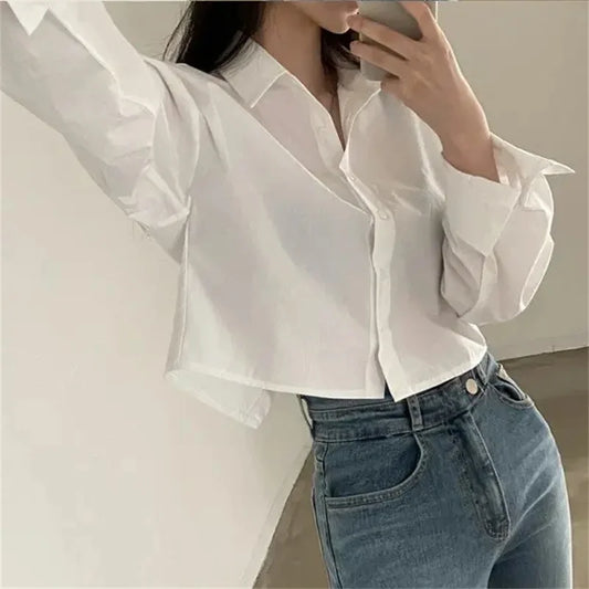 Camicia Donna Bianca Primaverile Coreana Manica Lunga Casual Elegante