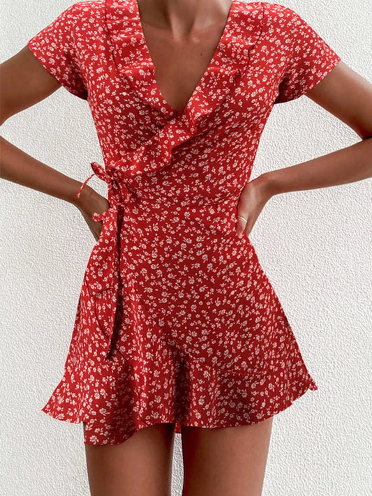 Vestito corto donna floreale elegante, scollo a V, balze, stile chic