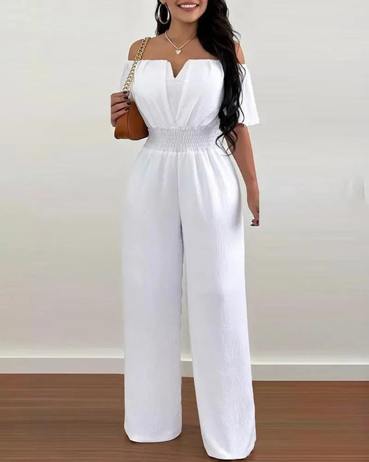 Tuta Donna Estiva Larga Stampata Elegante Spalle Scoperte Vita Alta Moda