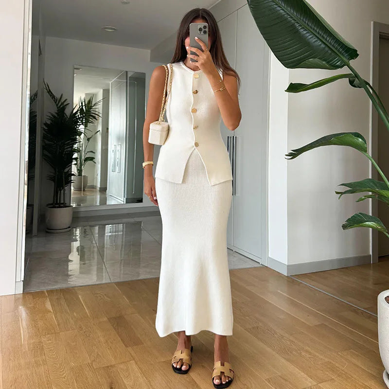 Set Abito Lungo Donna con Gilet in Maglia, Elegante e Casual a Sirena