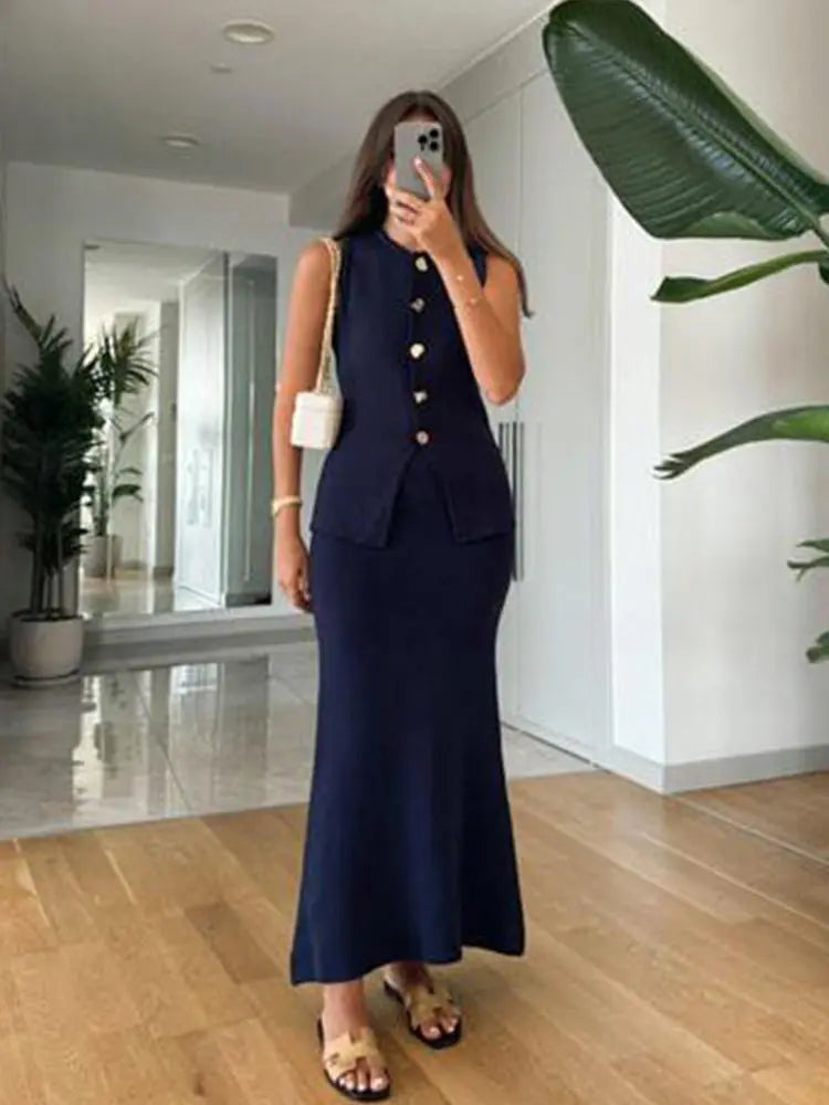 Set Abito Lungo Donna con Gilet in Maglia, Elegante e Casual a Sirena