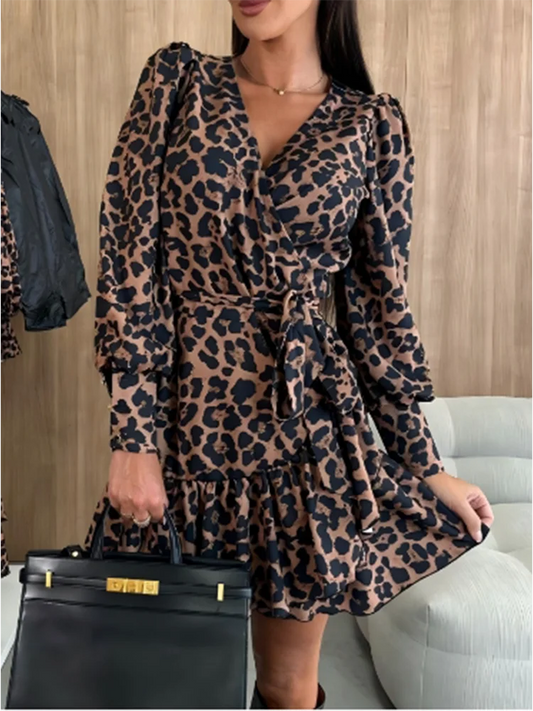 Vestito Mini Donna Leopardato Scollo V Elegante Sexy Manica Lunga