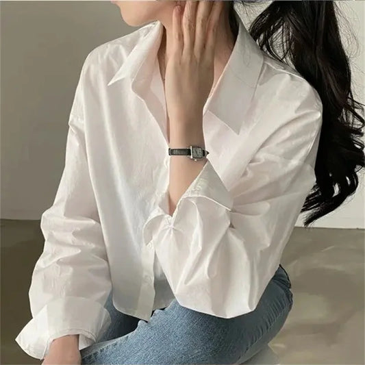 Camicia Donna Bianca Primaverile Coreana Manica Lunga Casual Elegante