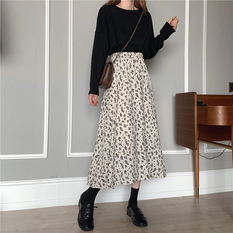 Gonna Lunga Donna 2024 a Pieghe Stile Vintage Floreale Vita Elastica