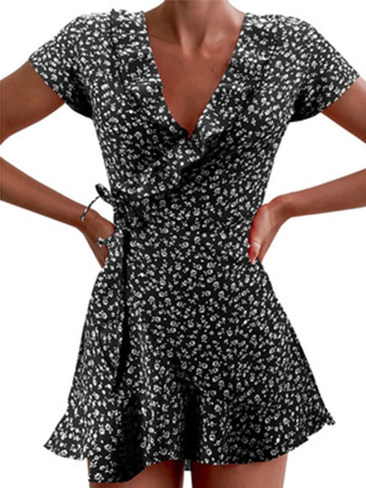 Vestito corto donna floreale elegante, scollo a V, balze, stile chic