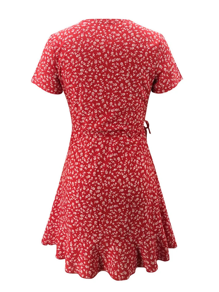 Vestito corto donna floreale elegante, scollo a V, balze, stile chic