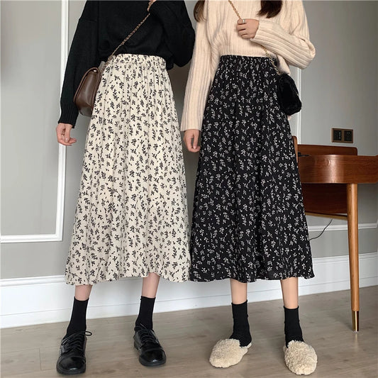 Gonna Lunga Donna 2024 a Pieghe Stile Vintage Floreale Vita Elastica