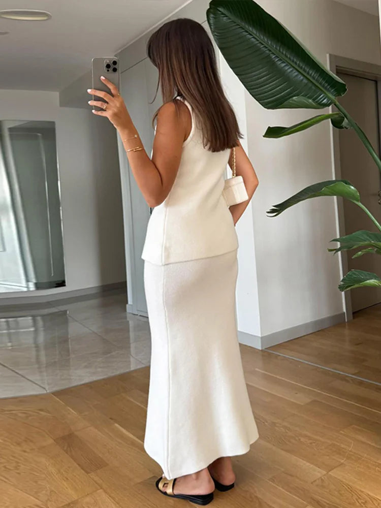 Set Abito Lungo Donna con Gilet in Maglia, Elegante e Casual a Sirena